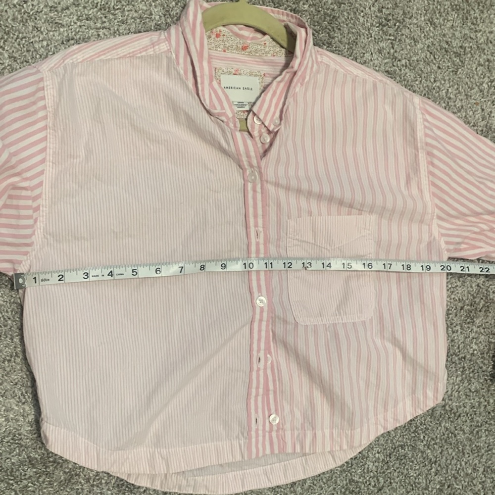 American Eagle Pink Patchwork Striped Cropped Long Sleeve Button Down Shirt - Picture 8 of 9